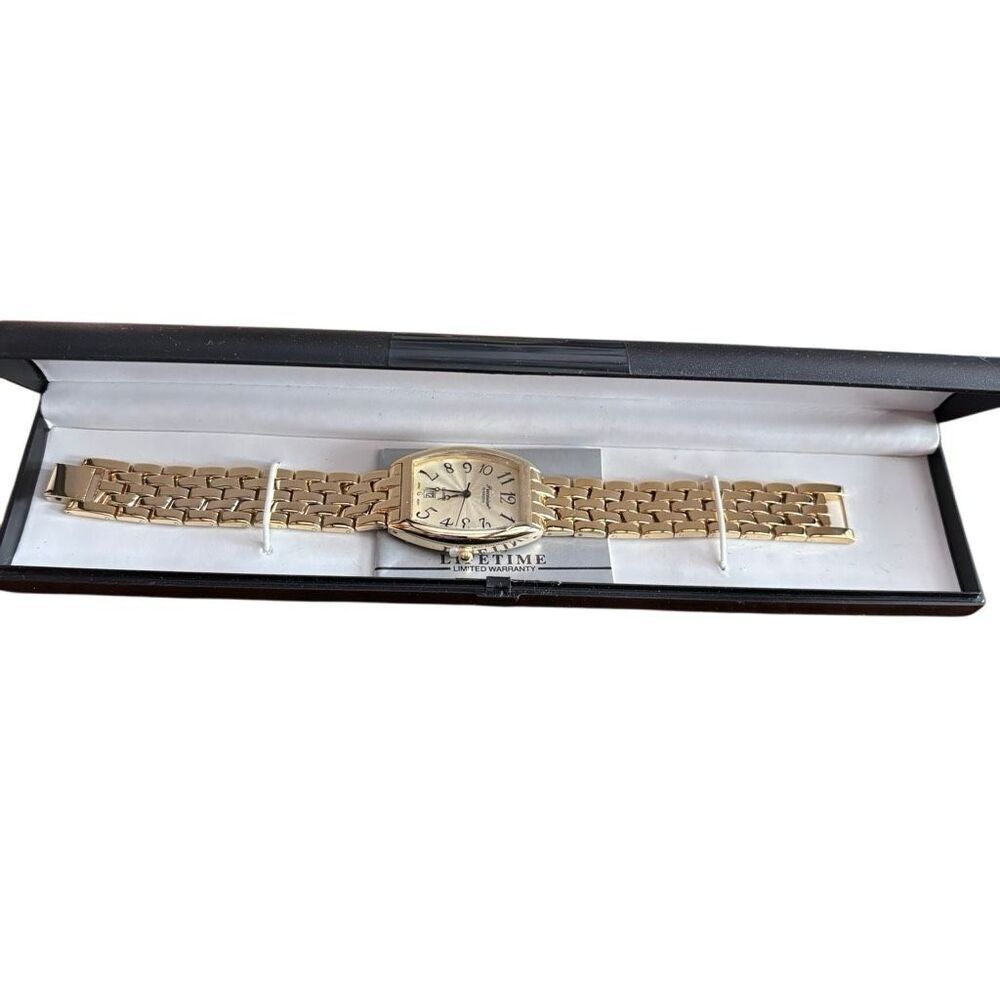 Vintage Gruen Precision Mens Gold Tone Tonneau Quartz Watch NOS In Case New⁠
